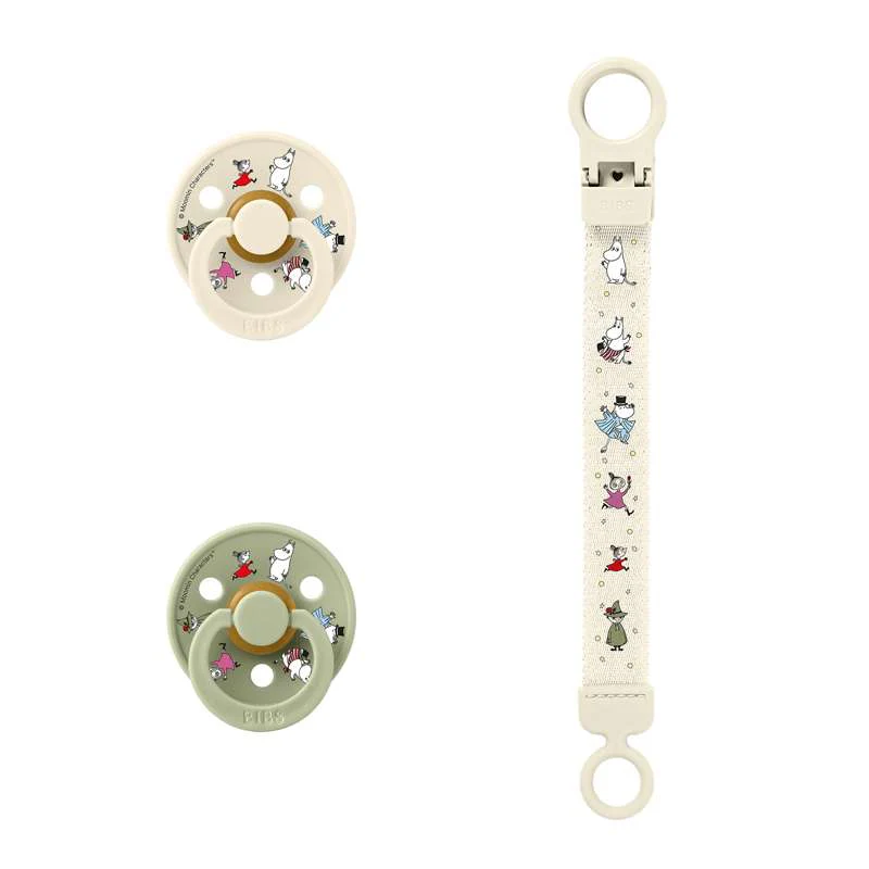 BIBS Rund Colour Sut - 2-Pak - Str. 2 - Naturgummi - m. Suttesnor - Moomins - Ivory/Sage - Image 2